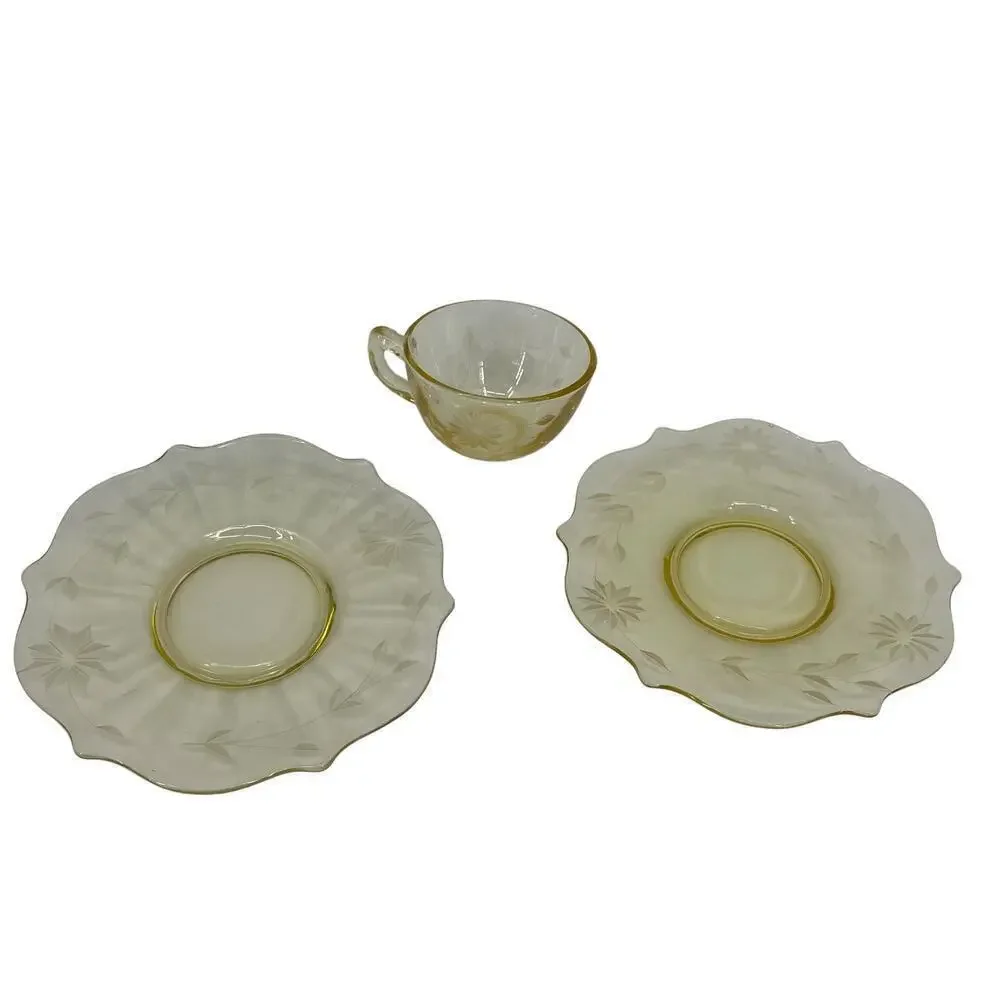 Vintage Lancaster Jubilee Depression Glass Set Flower Plates &‎ Teacup Yellow